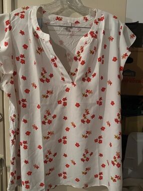 LOFT White Split-Neck Blouse with Red and Gold Floral Print